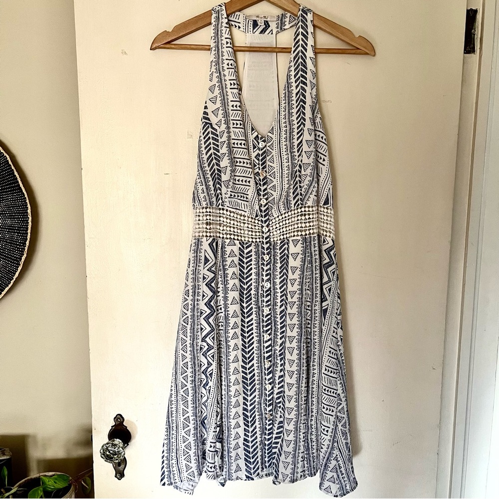 Miss Me Blue & White V-neck Sleeveless Crochet Waist Racerback Dress, Size L